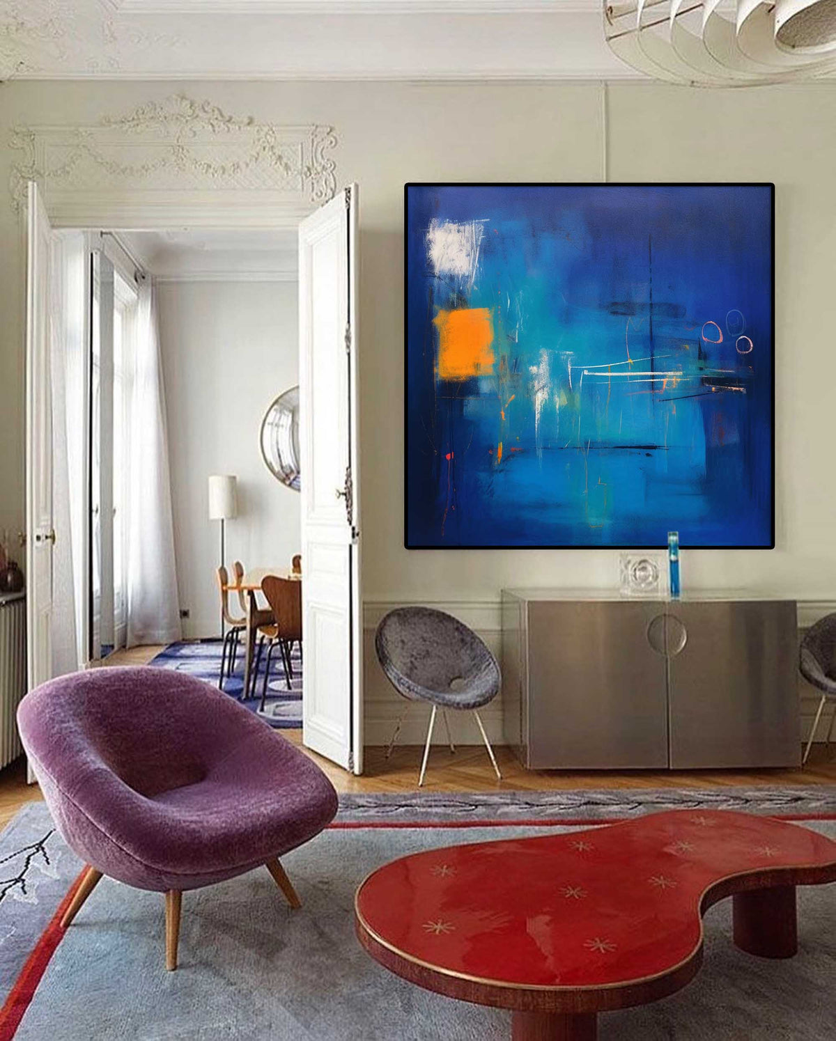 Expressionist Deep Blue Painting Vibrant Orange Modern