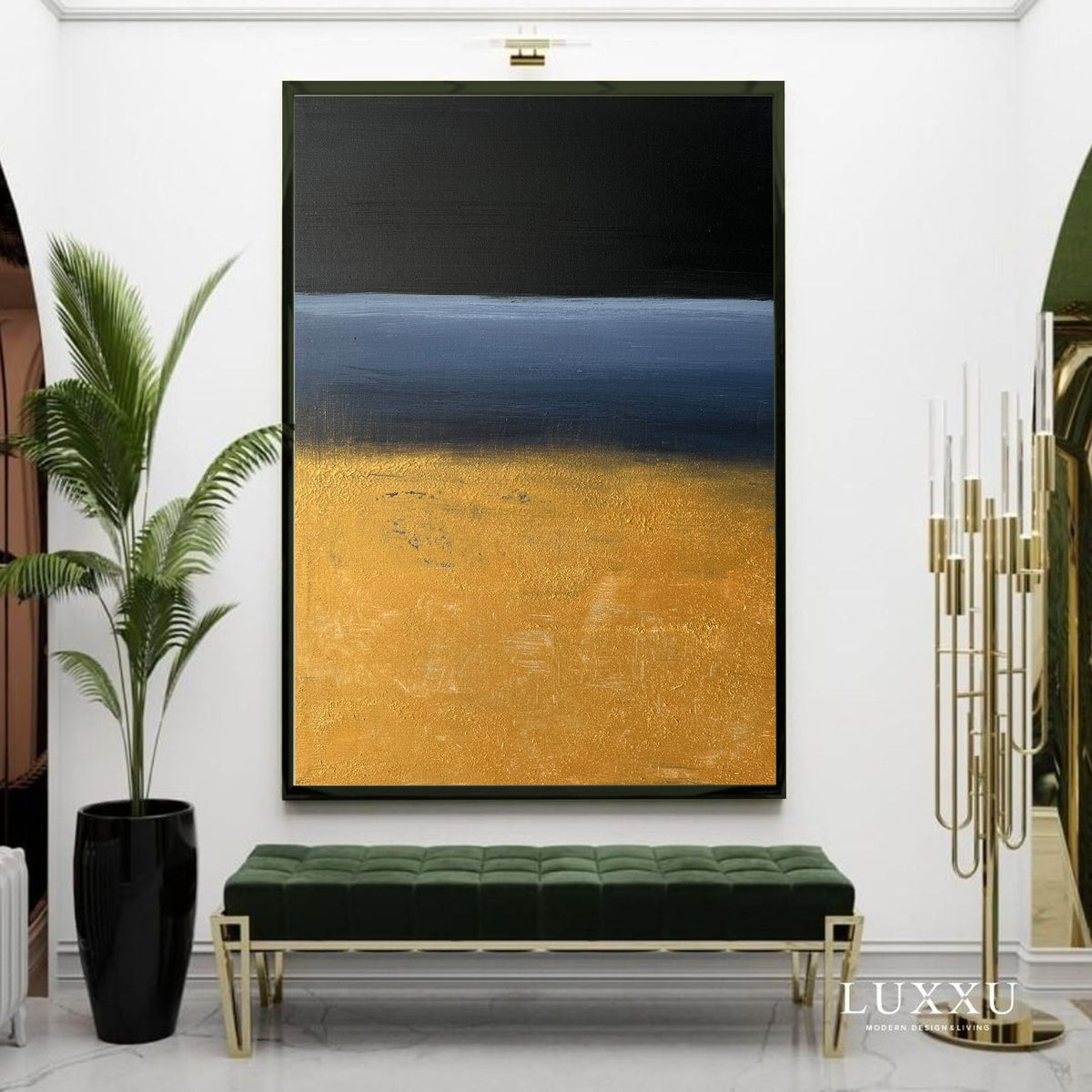 Gold Black Blue Abstract Wall Art Vertical