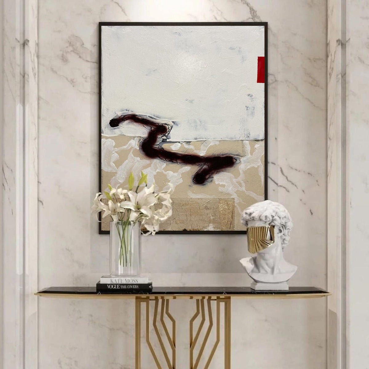 Abstract Beige Black Red Brush Stroke Oil Painting