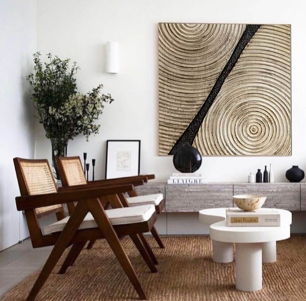 Neutral Tone Textured Spiral Abstract Oil Painting