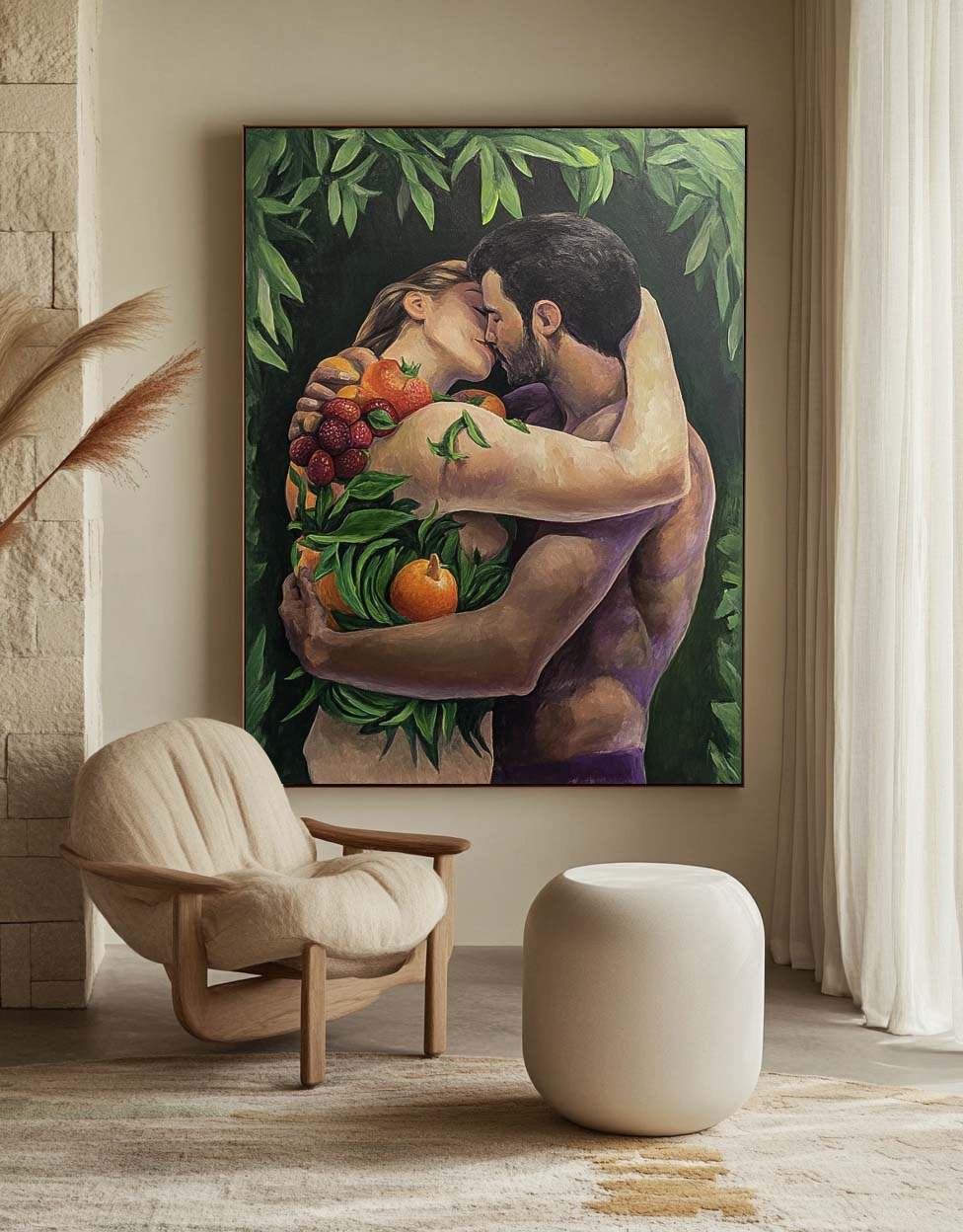 Romantic Couple Embrace Fruits Foliage Oil Painting