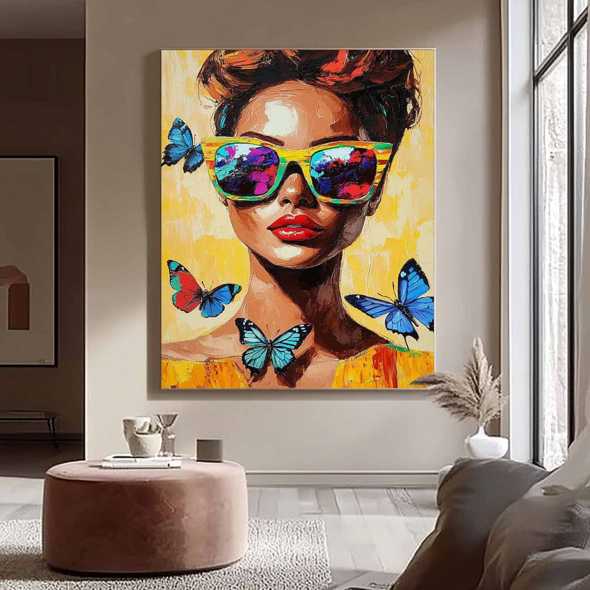 Woman Sunglasses Butterflies Oil Painting