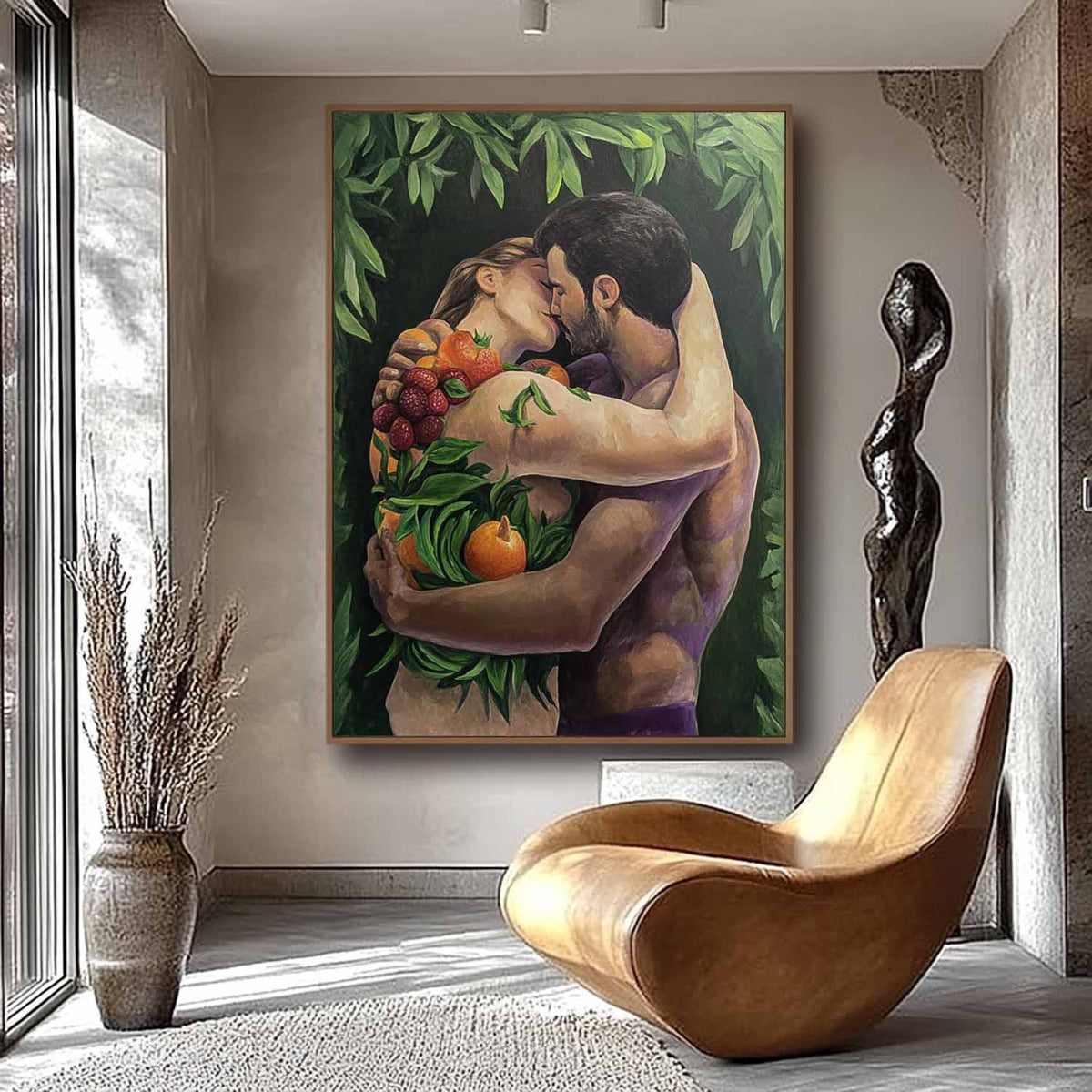 Romantic Couple Embrace Fruits Foliage Oil Painting