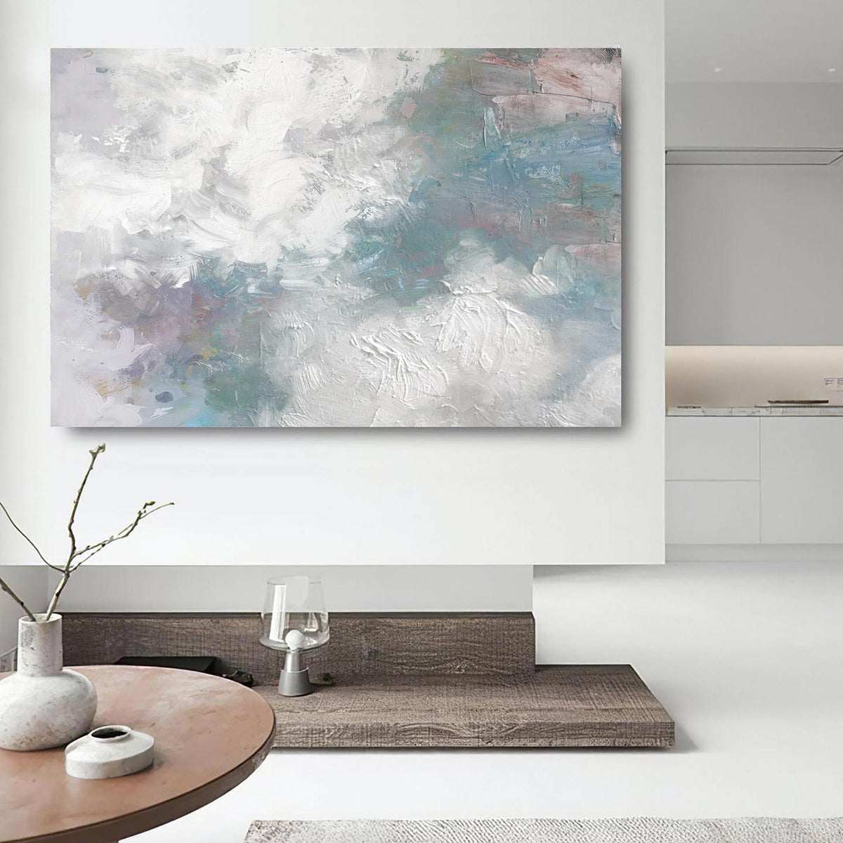 White‑Blue‑Mauve Horizontal Ocean‑Wave Impasto‑Textured Artwork