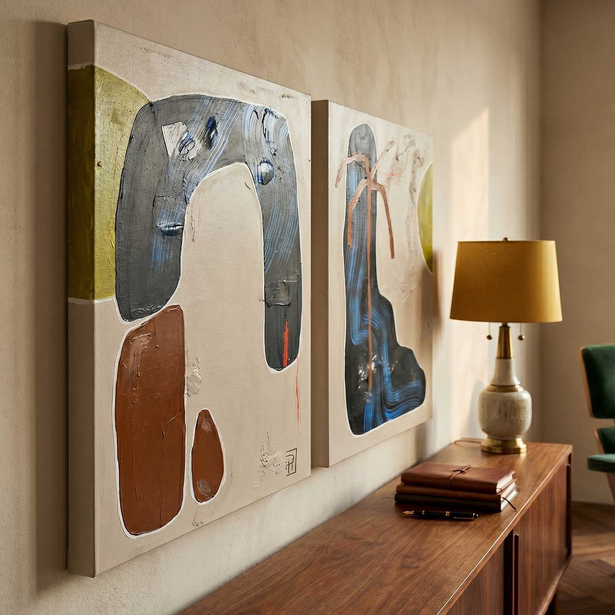 Set Of 2 Diptych Wall Art Set Blue Brown Organic