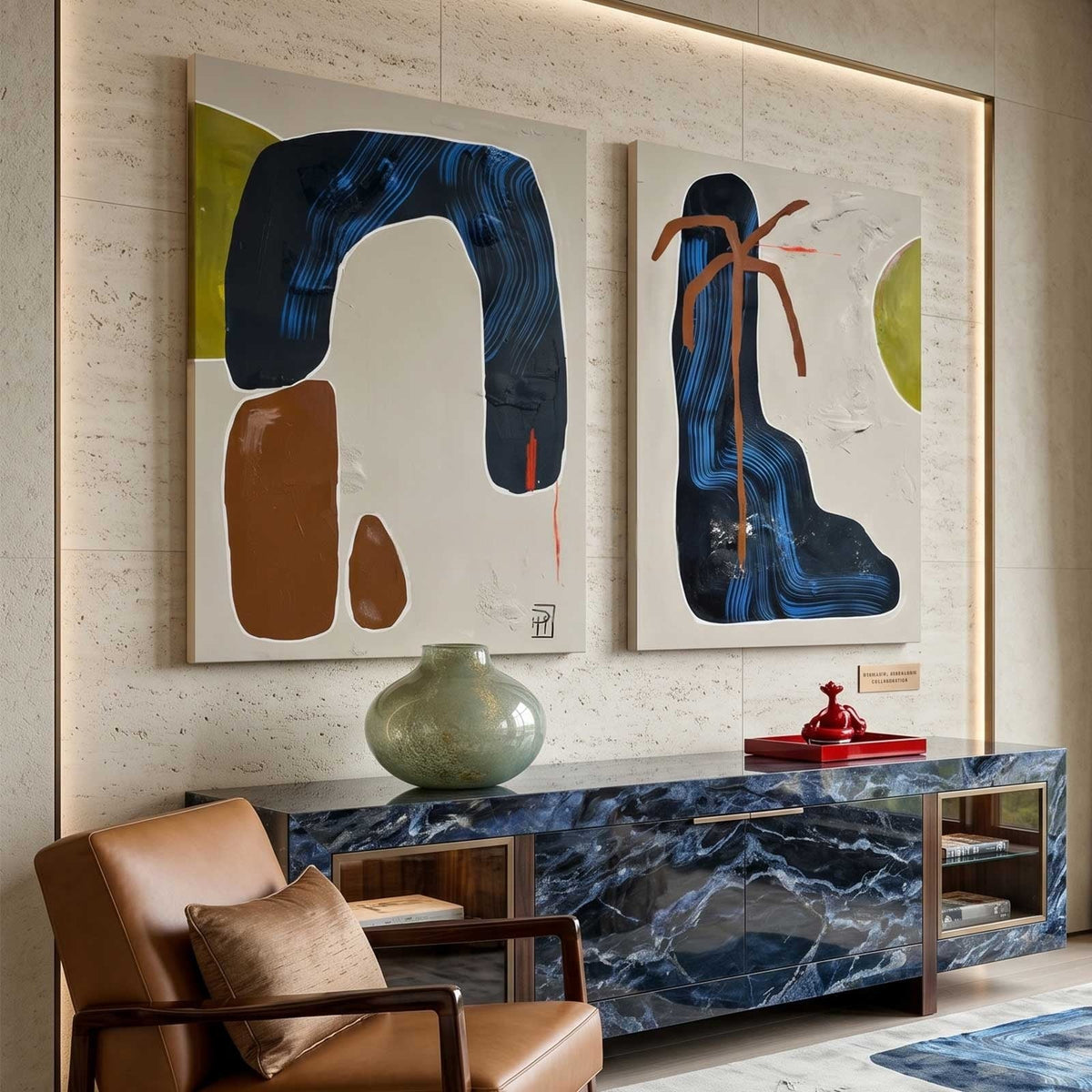 Set Of 2 Diptych Wall Art Set Blue Brown Organic