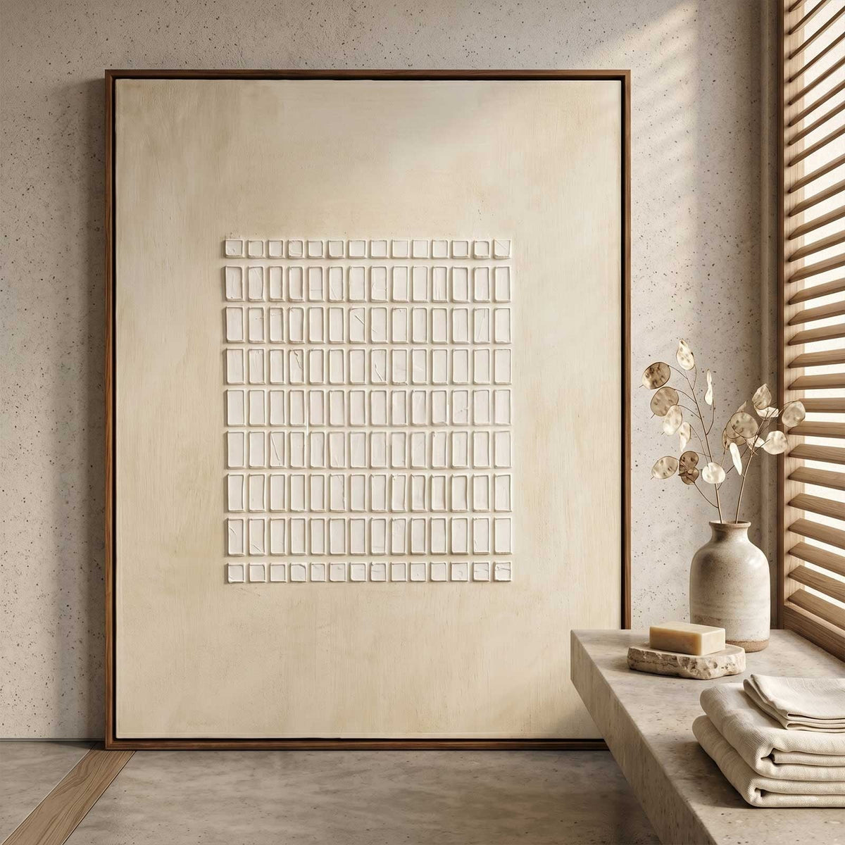 Wabi-Sabi Minimalist Neutral Grid Texture Oil Painting