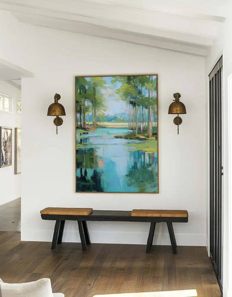 Impressionist Lakeside Forest Painting Vibrant Landscape