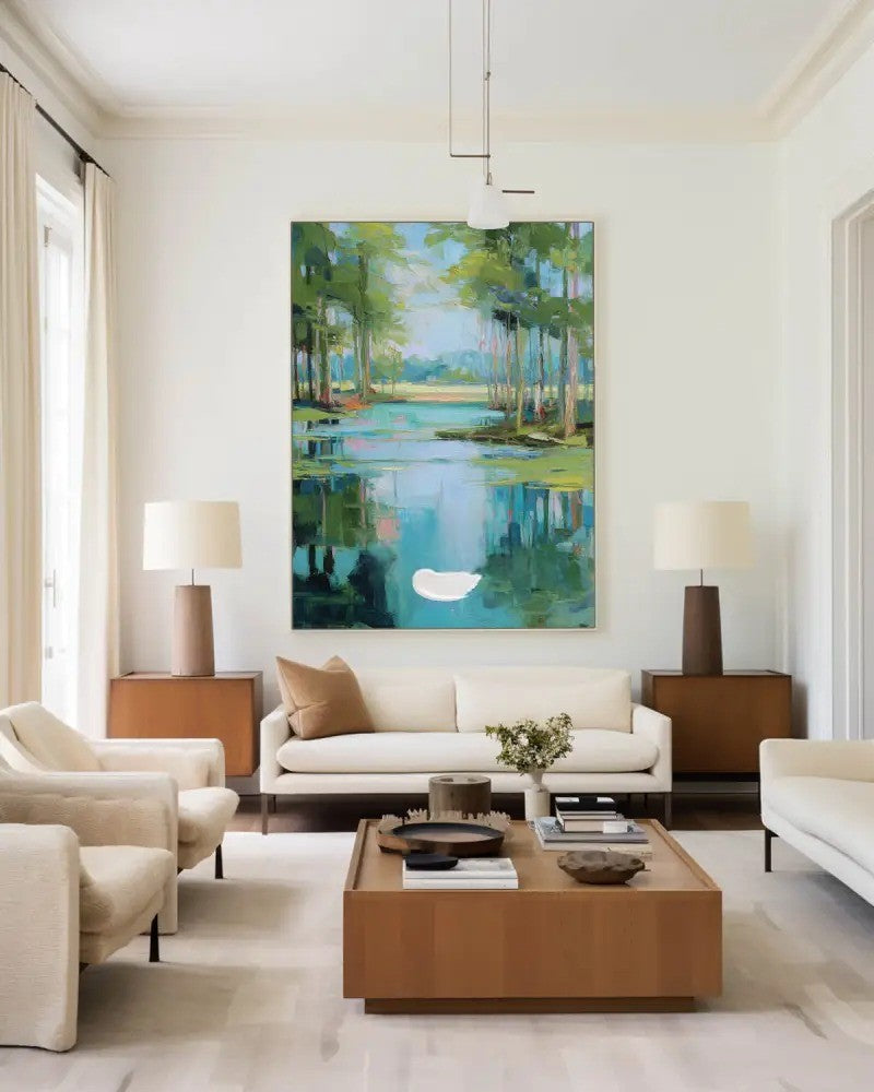 Impressionist Lakeside Forest Painting Vibrant Landscape