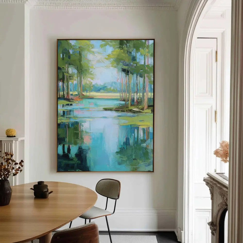 Impressionist Lakeside Forest Painting Vibrant Landscape