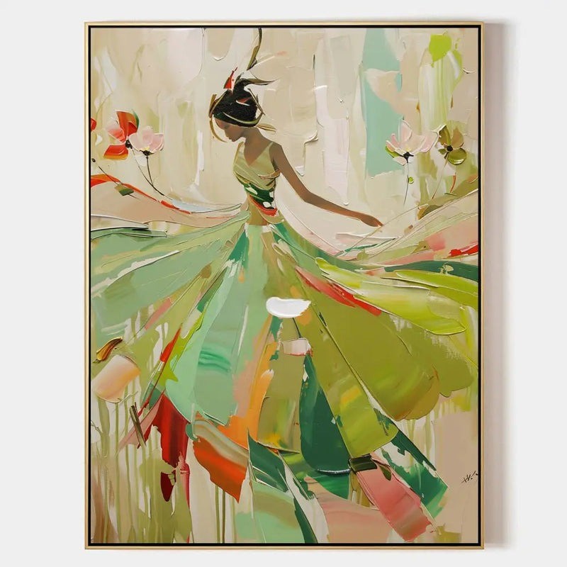 Vibrant Impasto Ballerina in Green Dress Painting