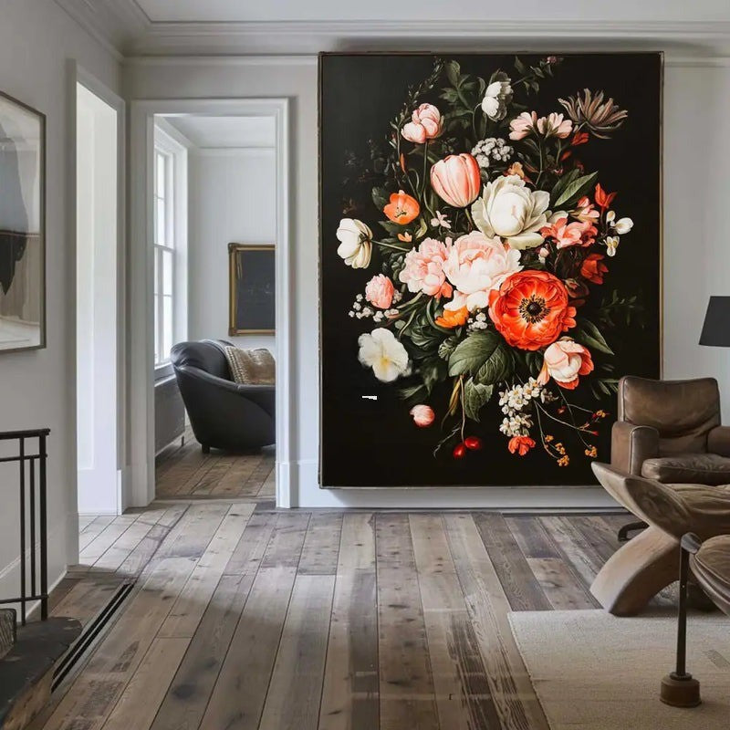 Dark Background Baroque Floral Bouquet Oil Painting