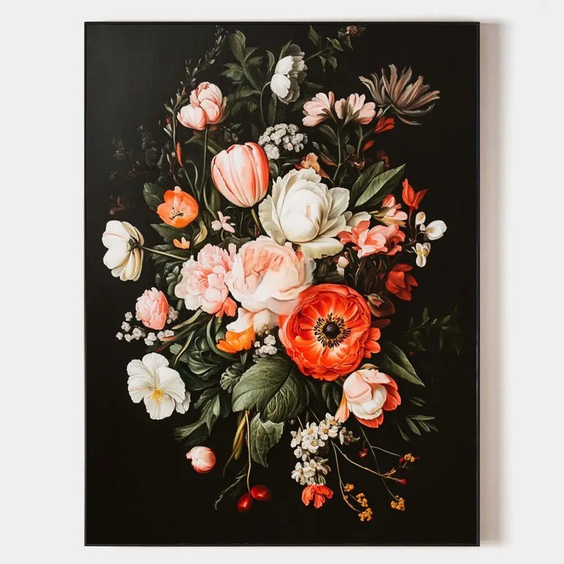 Dark Background Baroque Floral Bouquet Oil Painting