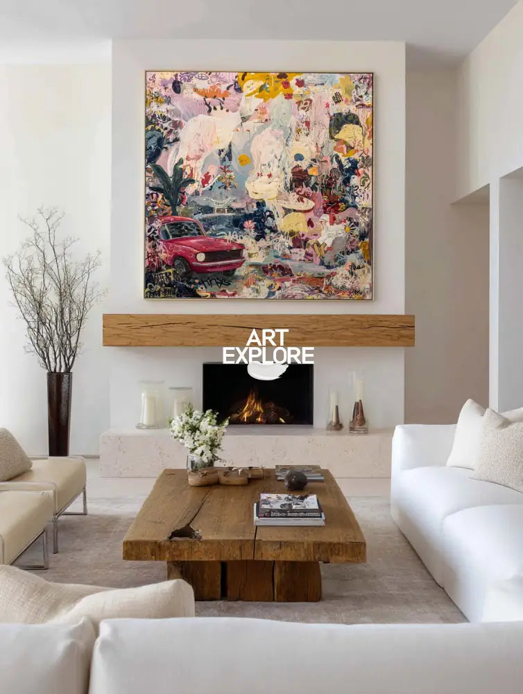Vibrant Tropical Abstract Painting Red Car