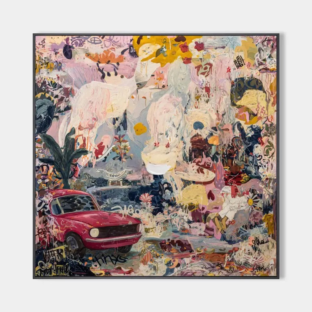 Vibrant Tropical Abstract Painting Red Car