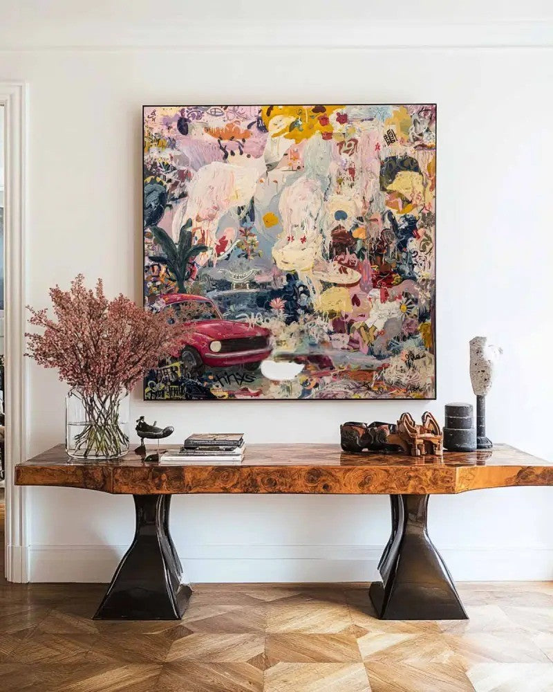 Vibrant Tropical Abstract Painting Red Car
