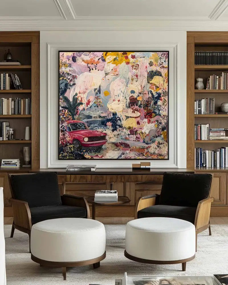 Vibrant Tropical Abstract Painting Red Car