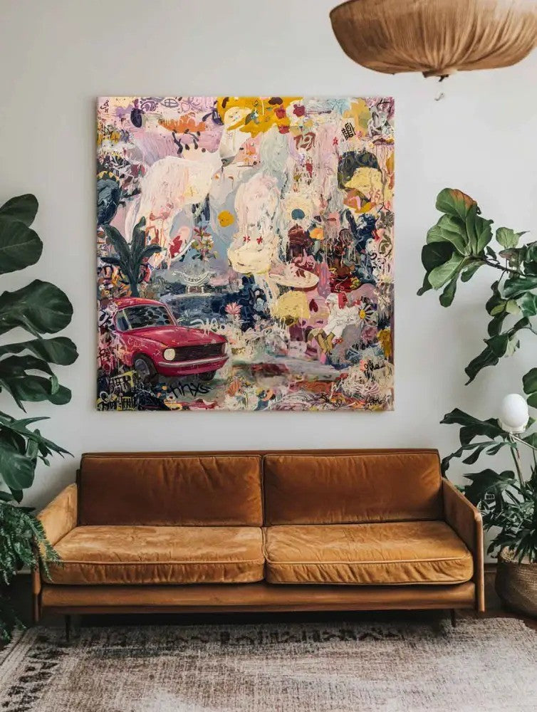Vibrant Tropical Abstract Painting Red Car