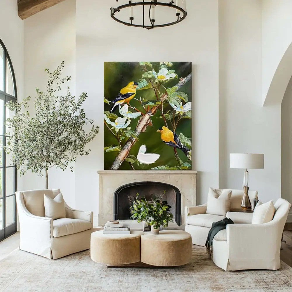 Realistic Goldfinch Bird Painting Floral