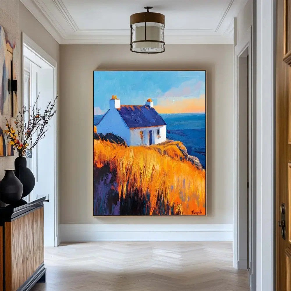 Cottage Golden Hour Seascape Oil Painting