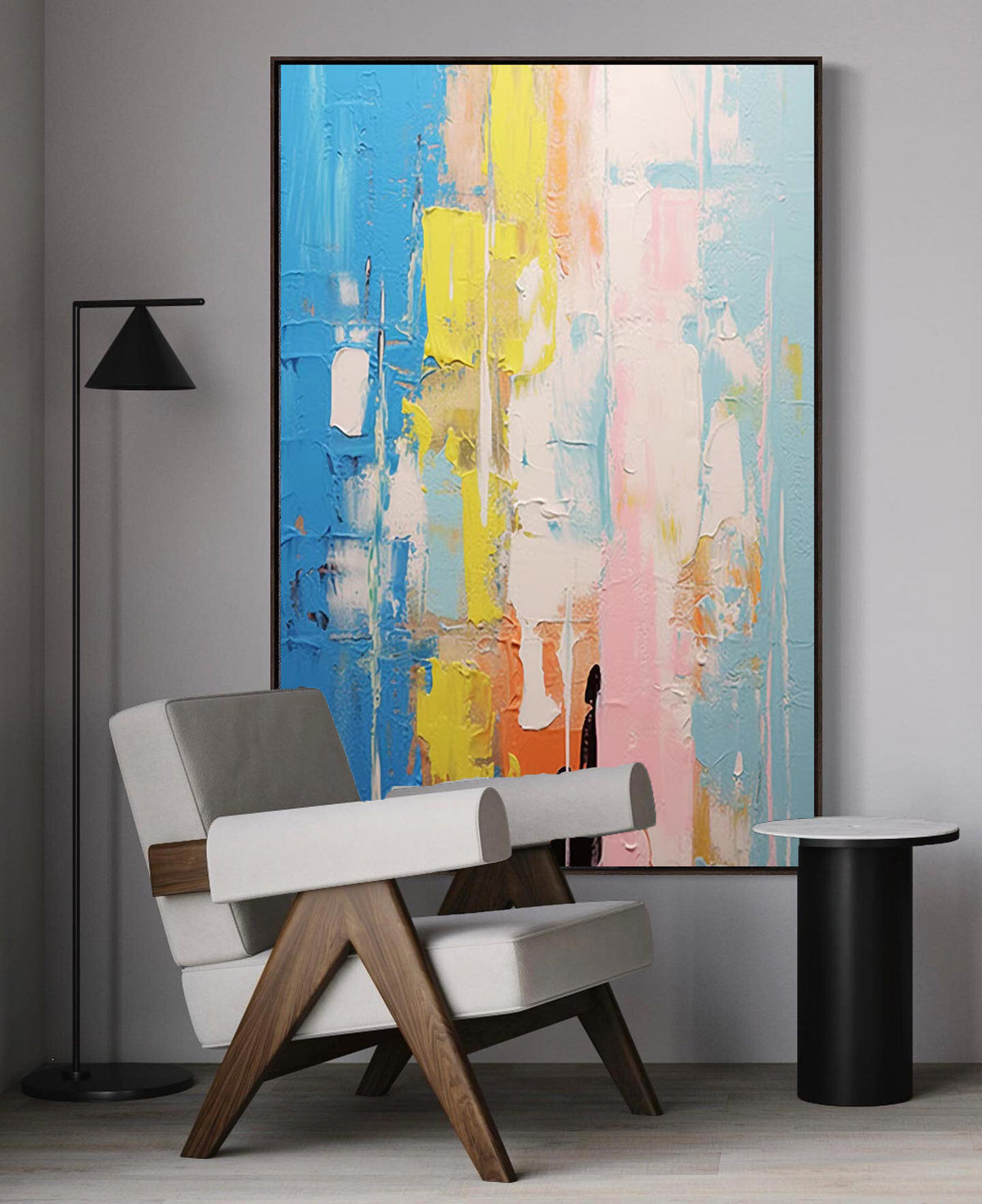 Impasto Vertical Abstract Painting Blue And Pink