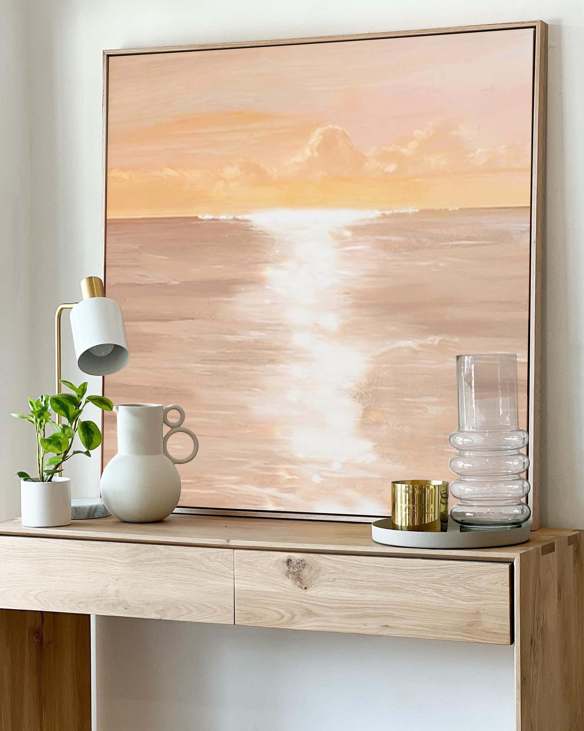 Serene Coastal Sunset Oil Painting Soft Peach