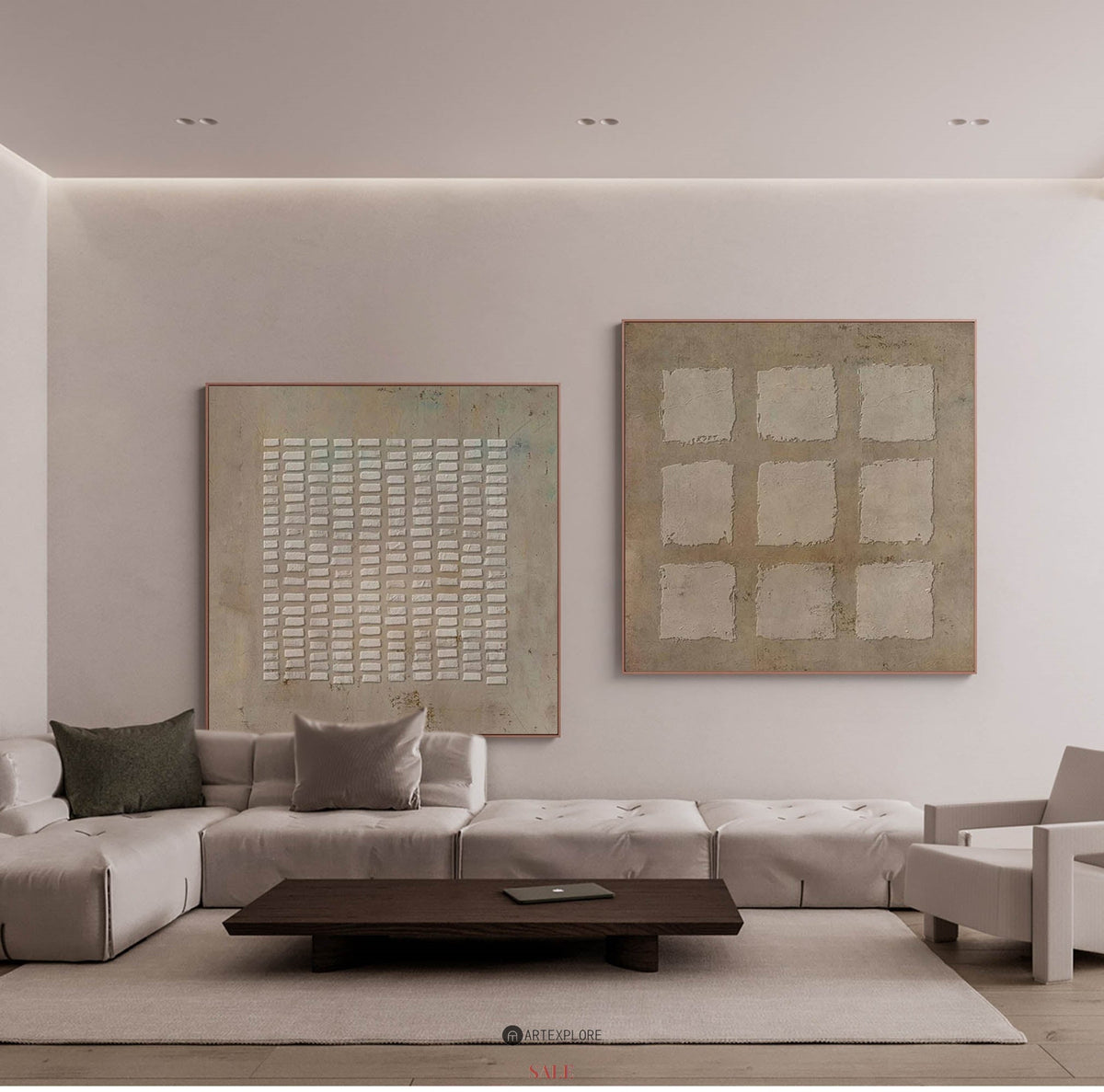 Earthy Taupe‑Beige Grid Diptych Abstract  Embossed Textured Artwork