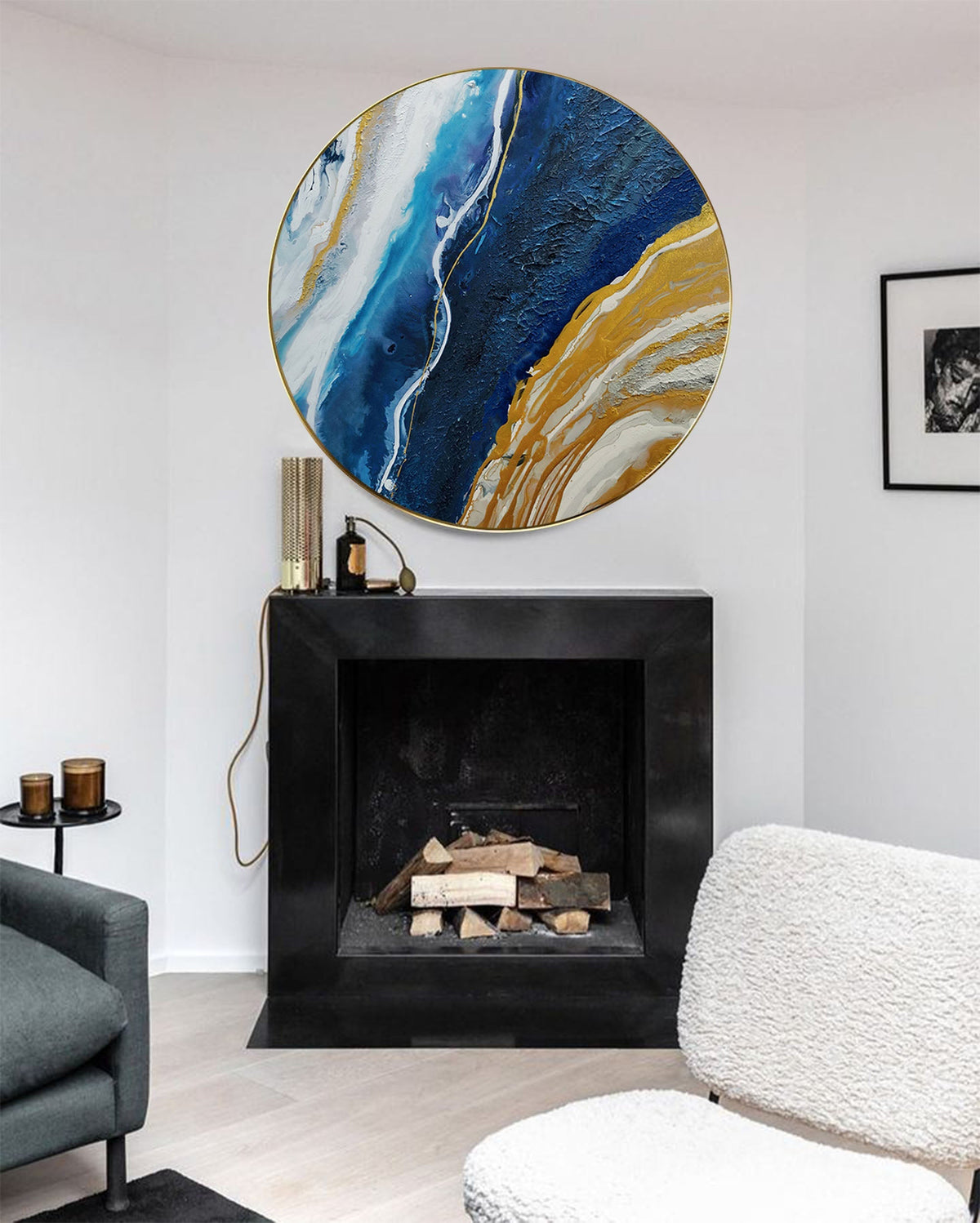 Wall Art Blue Gold Round Abstract Marble Modern Texture Living Room