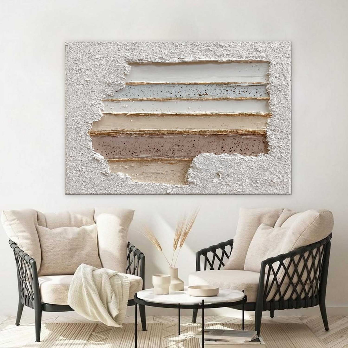 Wall Art Panoramic Textured Abstract Layered Scene Soft Neutral