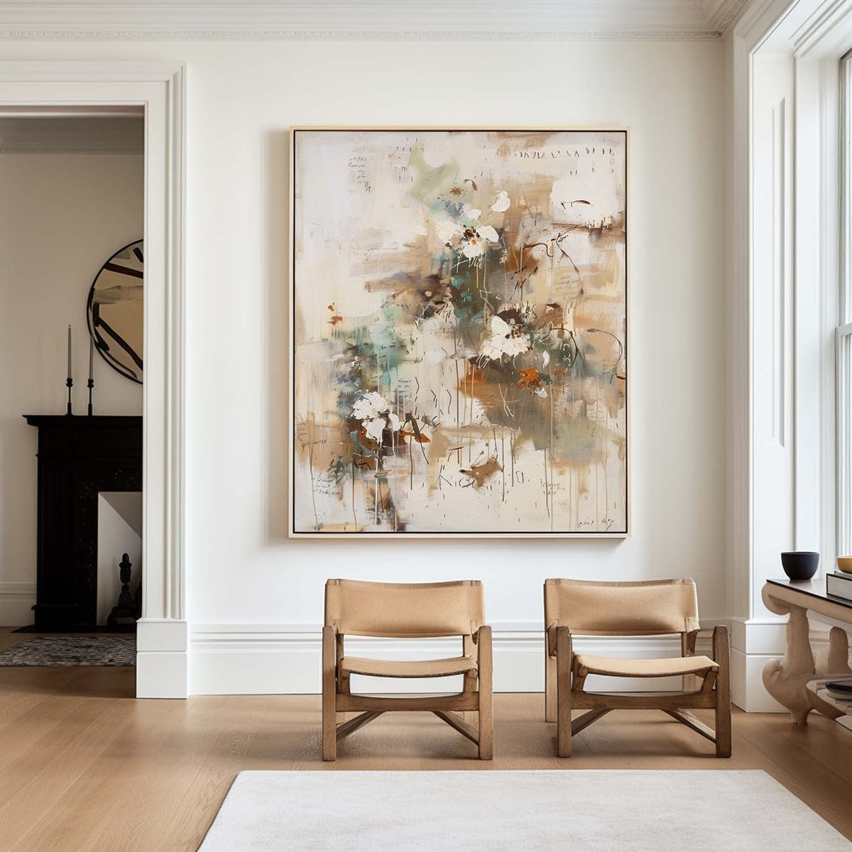 Wall Art Beige Floral Abstract Textured Canvas Living Room