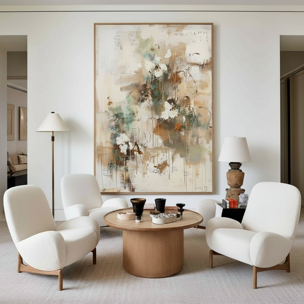 Wall Art Beige Floral Abstract Textured Canvas Living Room
