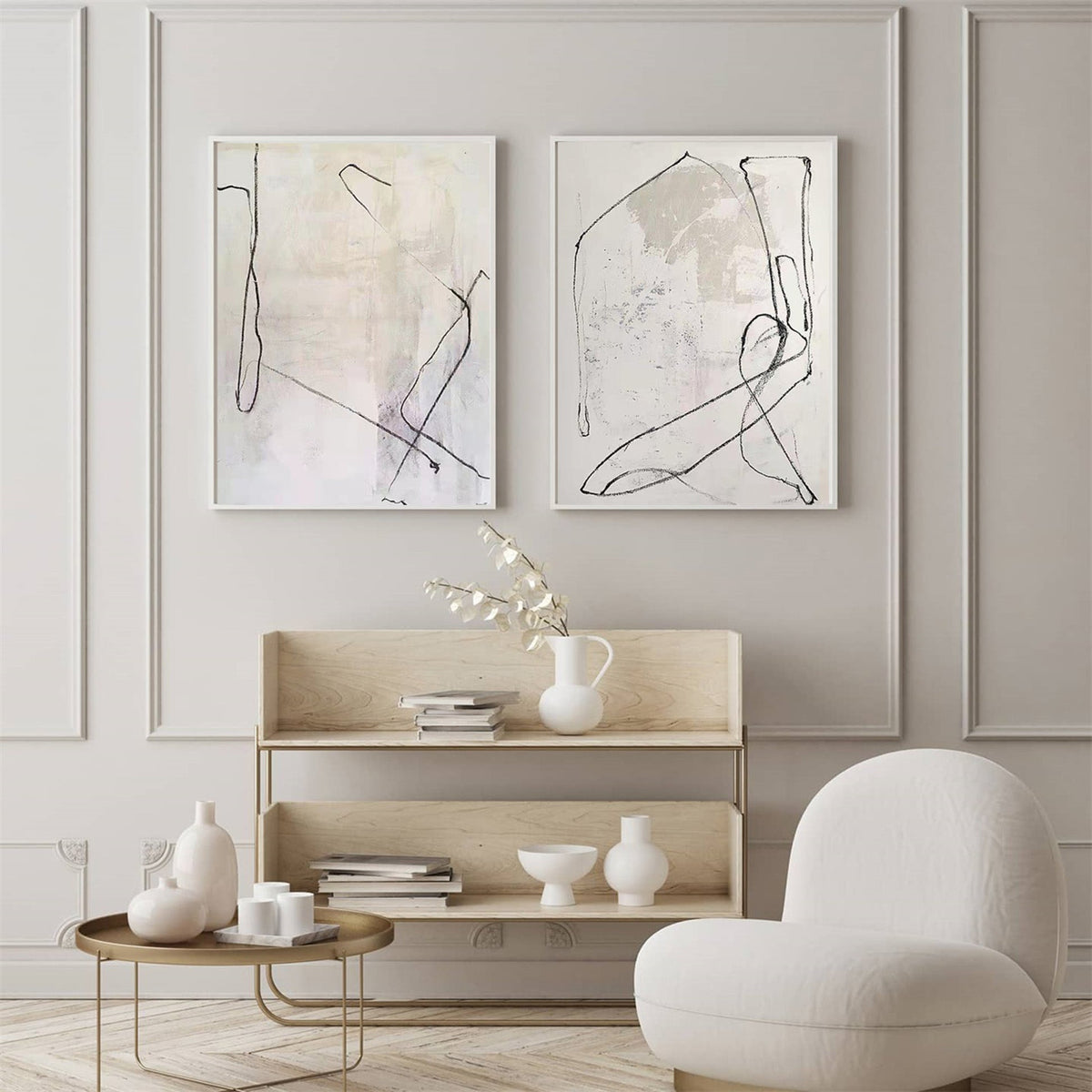Minimalist Neutral Line Drawing Diptych Wall Art