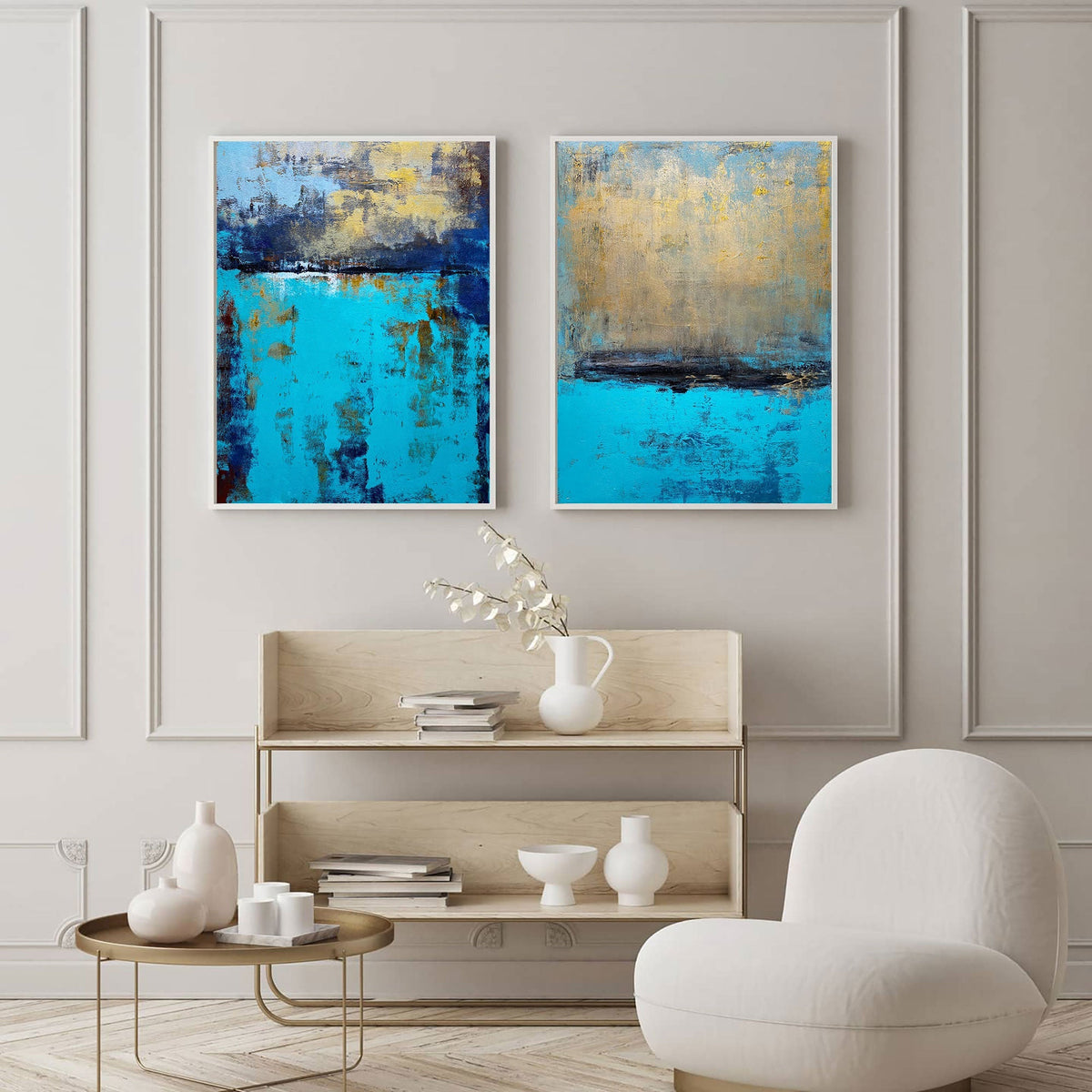 Turquoise‑Gold‑Navy Vertical 2‑Panel Impasto‑Textured Artwork