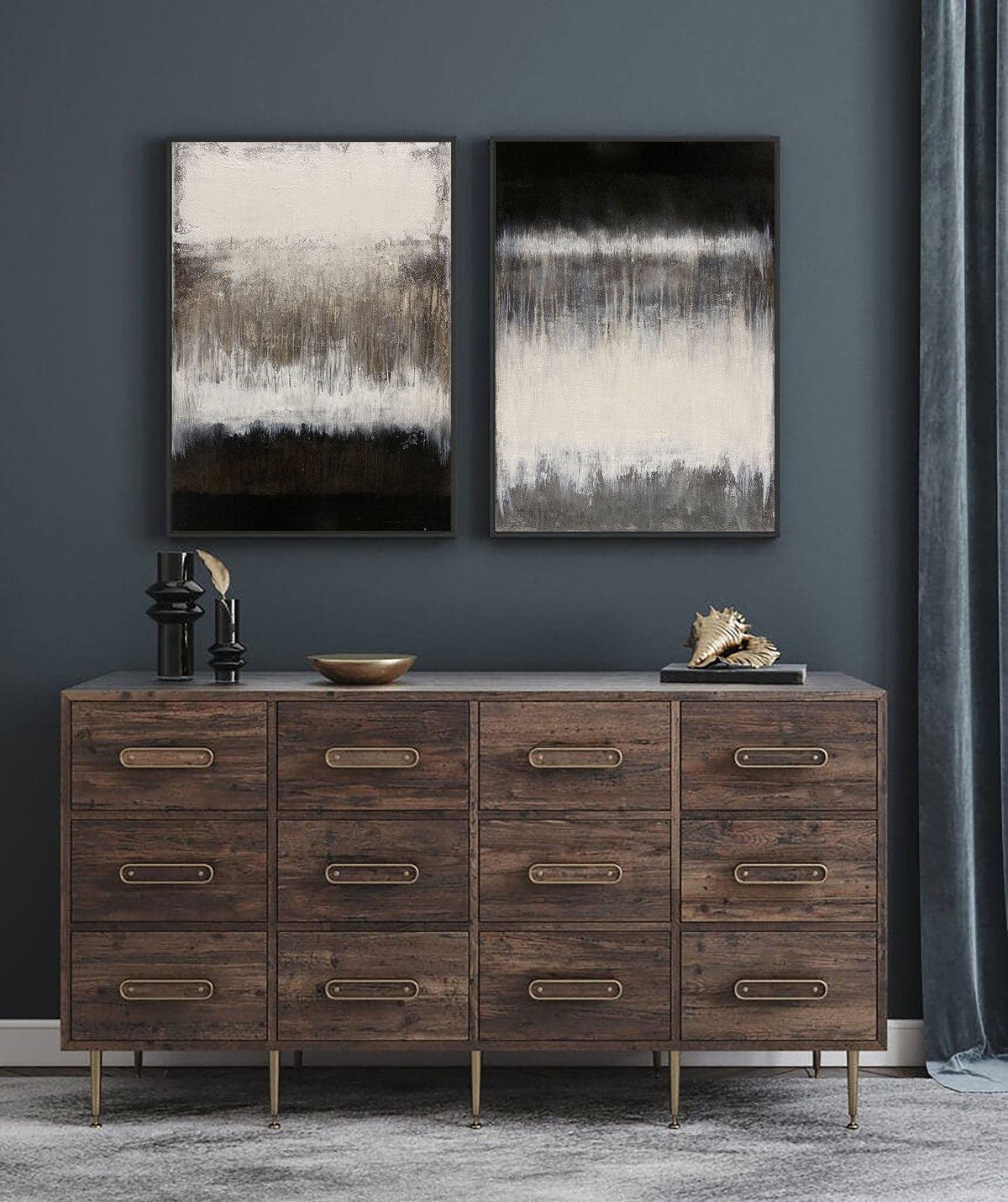 Black‑White‑Taupe Vertical 2‑Panel Gradient‑Textured Artwork