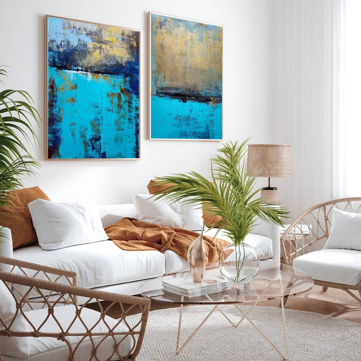 Turquoise‑Gold‑Navy Vertical 2‑Panel Impasto‑Textured Artwork