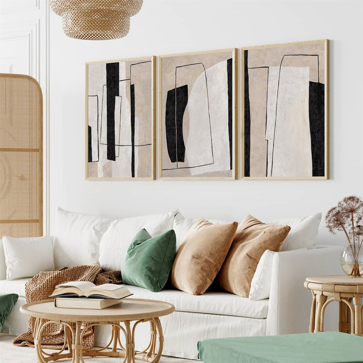 Beige Black Geometric Abstract Triptych Art