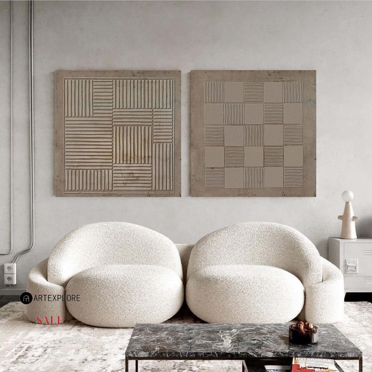 Neutral Beige‑Taupe Geometric Diptych Abstract  Raised Linear Textured Artwork
