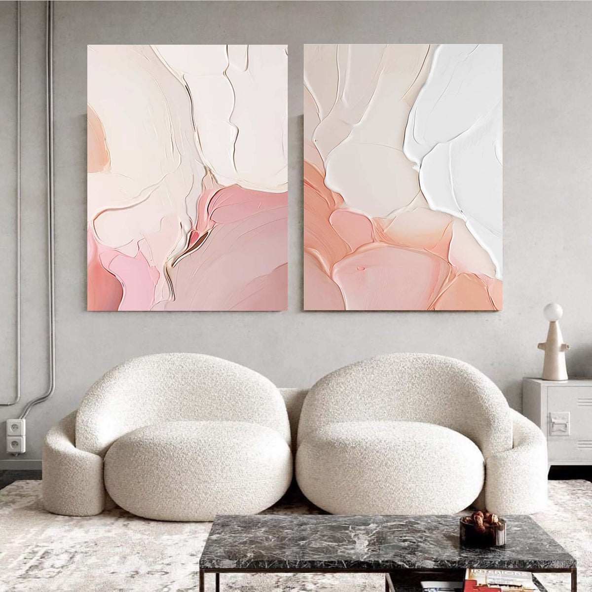 Textured 3D Diptych Wall Art Soft Pink White