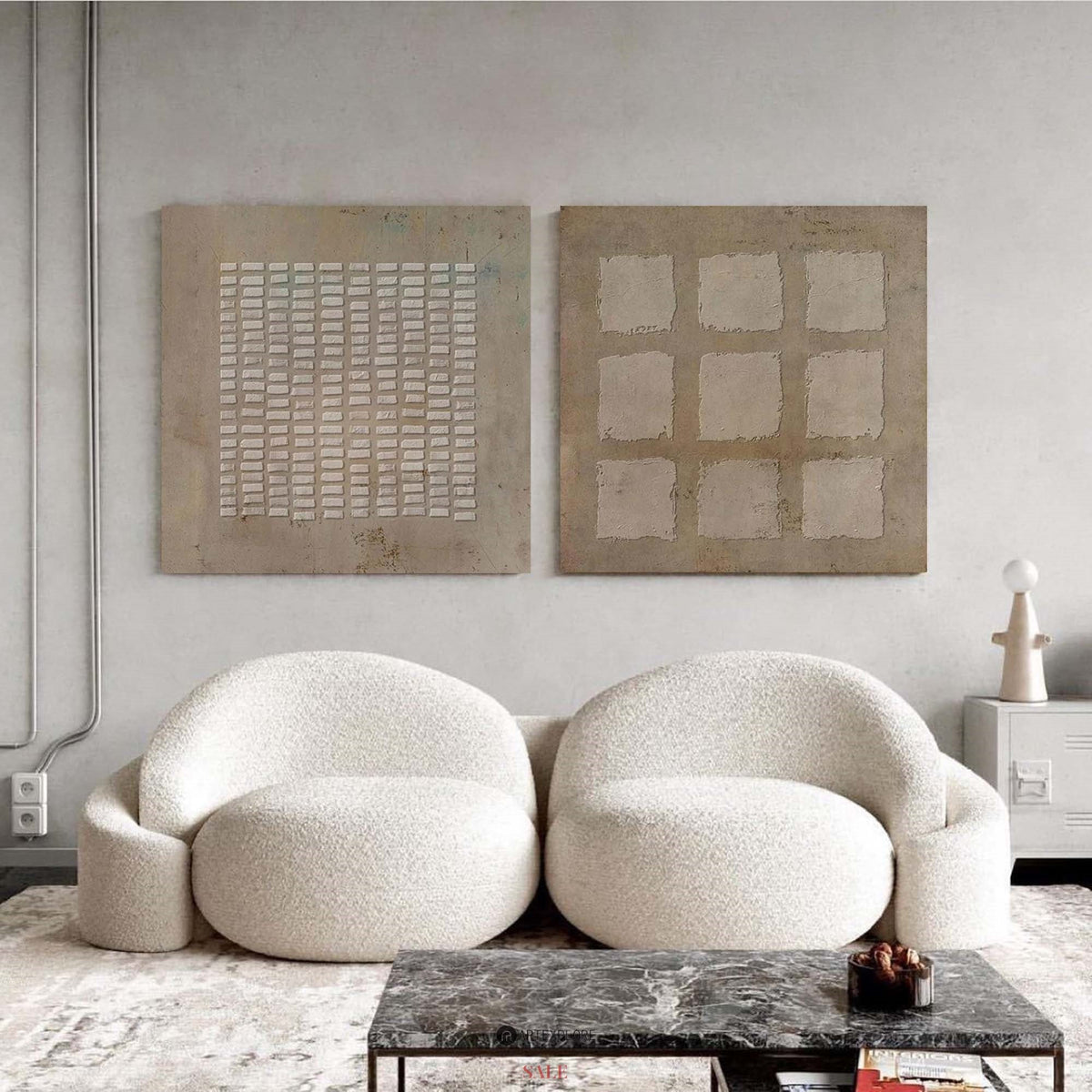 Earthy Taupe‑Beige Grid Diptych Abstract  Embossed Textured Artwork
