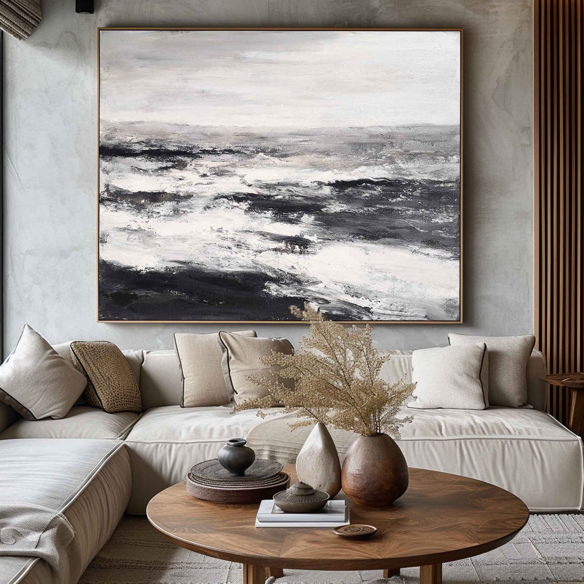 Monochrome Ocean Abstract  Thick Impasto Wave Textured Artwork