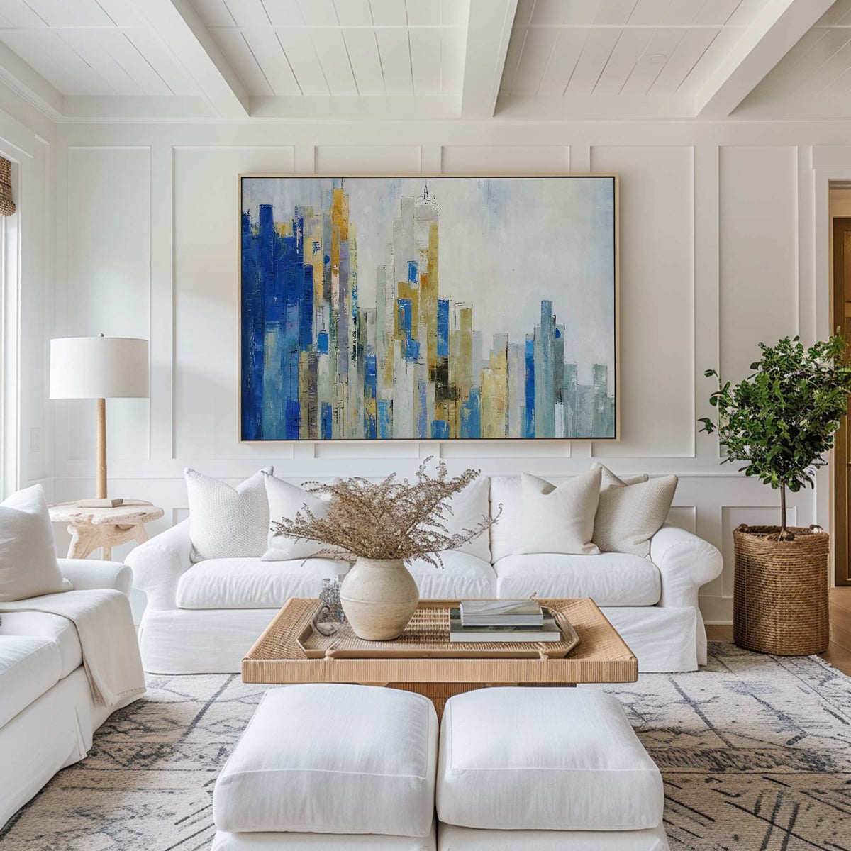 Abstract Urban Skyline  Blue & Gold Architectural Layered Textured Artwork