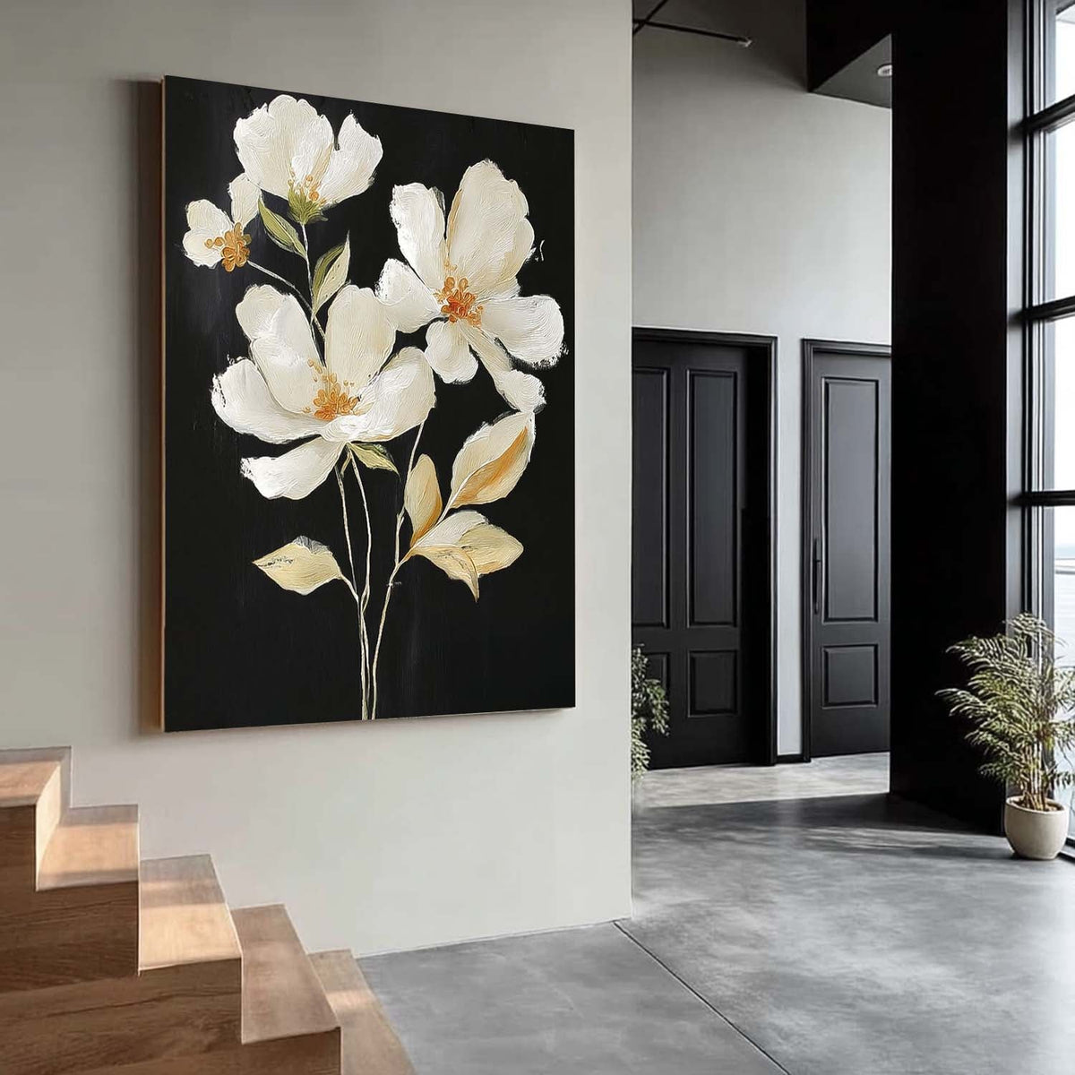 White Floral Oil Painting Contrast Black Background
