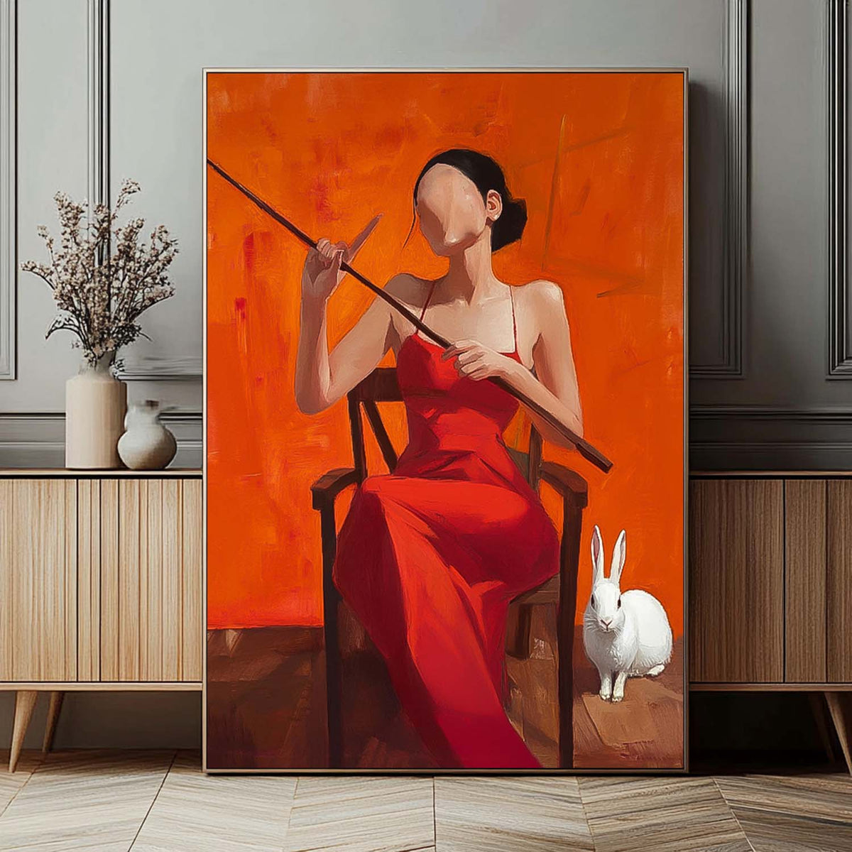 Faceless Woman In Red Dress Rabbit Oil Painting