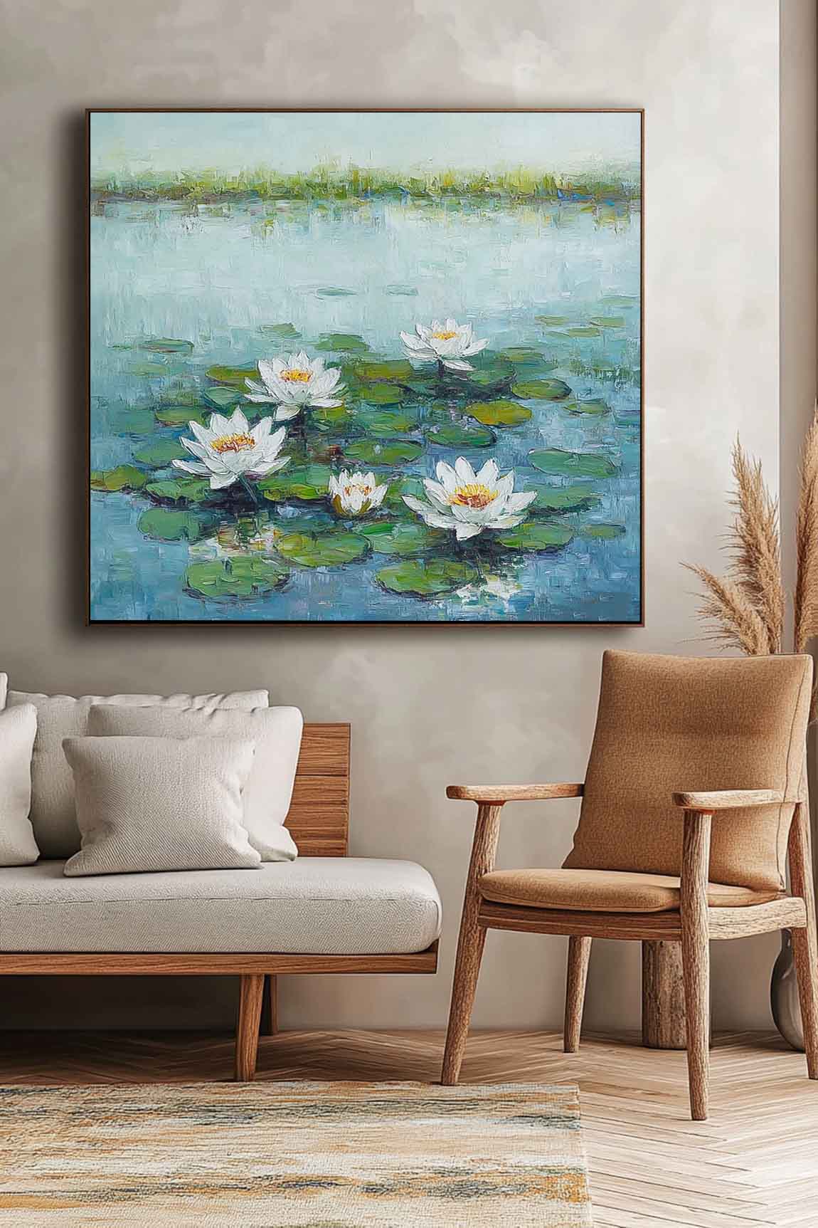 Impasto Water Lily Painting Serene Blue Green Wall Art