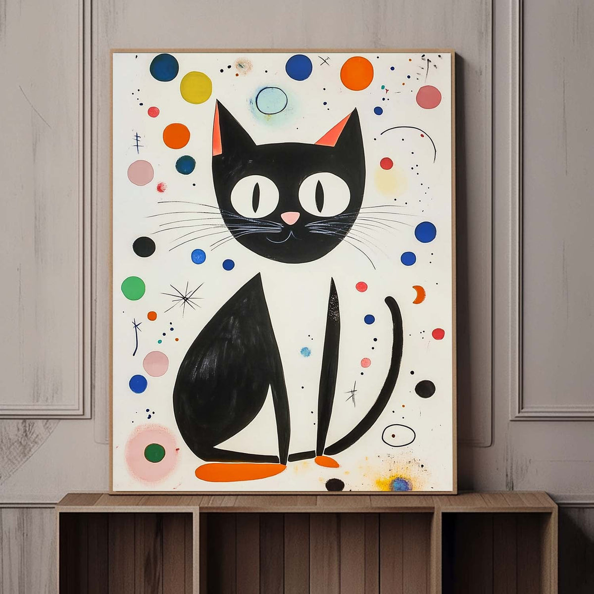 Mid-Century Modern Cat Painting Playful Polka Dot