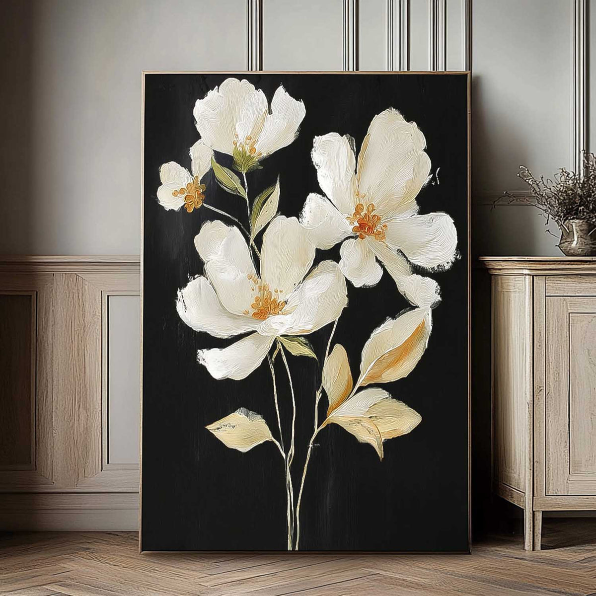 White Floral Oil Painting Contrast Black Background