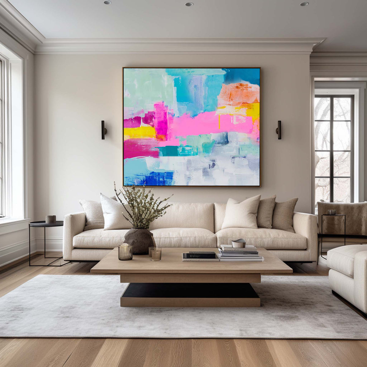 Pink‑Teal‑Yellow‑Blue Horizontal Bold Geometric Abstract Textured Artwork