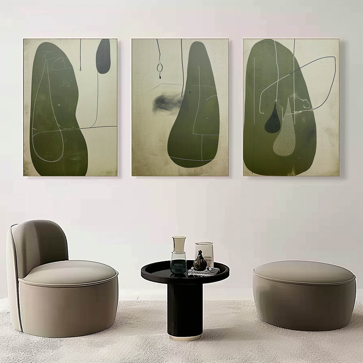 Tactile Three-Piece Oil Painting Olive Green Minimalist