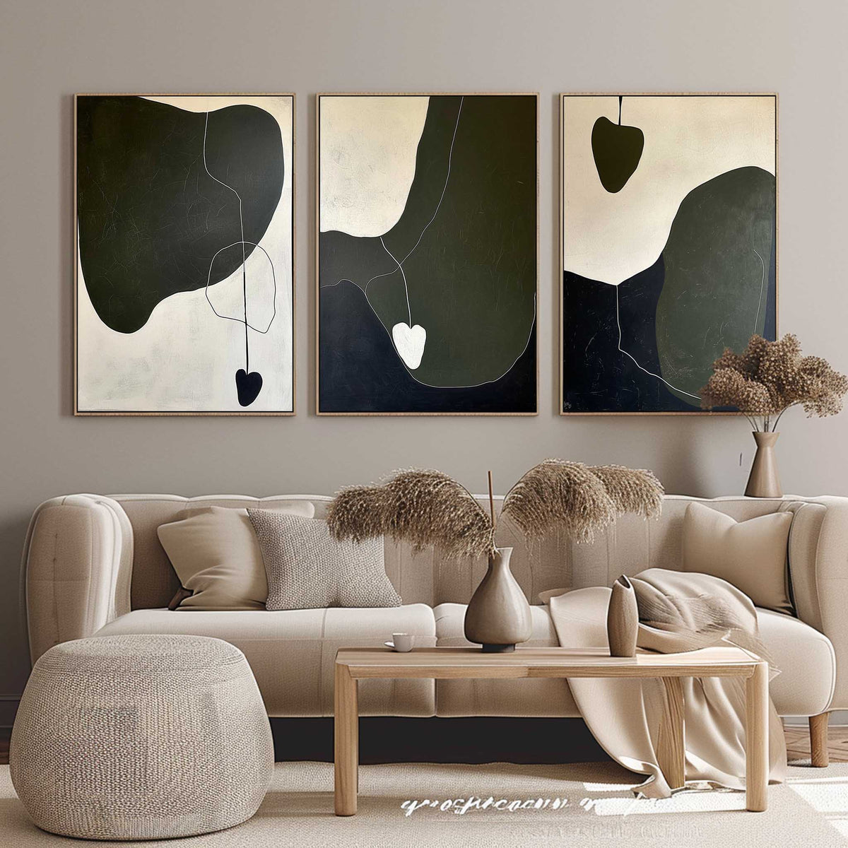 Tactile Three-Piece Oil Painting Dark Green Heart