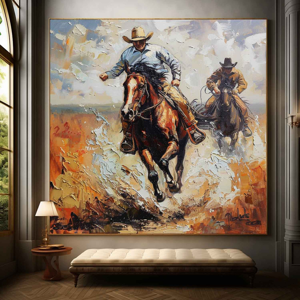 Western Cowboys Riding 3D Impasto Painting